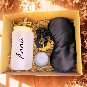 Personalized Gift - Frosted Glass can  - Black Sleep Mask - Candle - Scrunchie