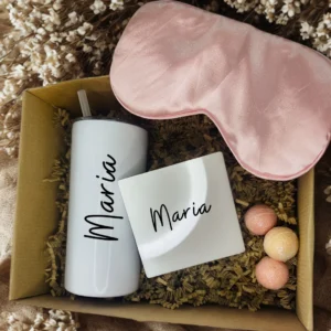 Personalized Gift - Tumbler 15oz - Coaster - Pink Sleep Mask - Bath Bombs